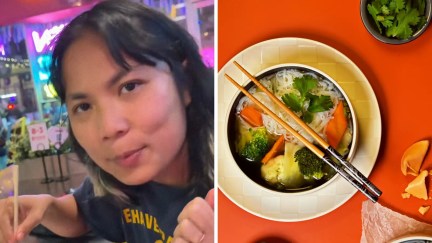 woman shares her dinner (l) Asian soup (r)