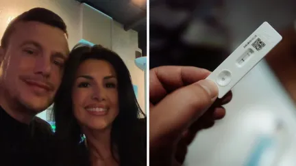 woman surprises fiancé with positive pregnancy test (l) pregnancy test (r)