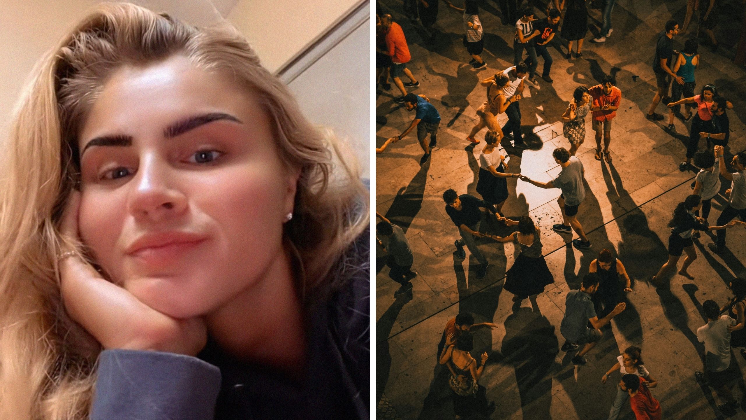 woman shares nightout story (l) man dancing with a woman and having fun (r)