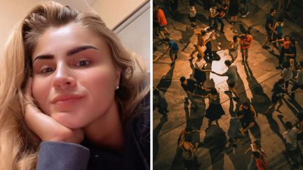 woman shares nightout story (l) man dancing with a woman and having fun (r)