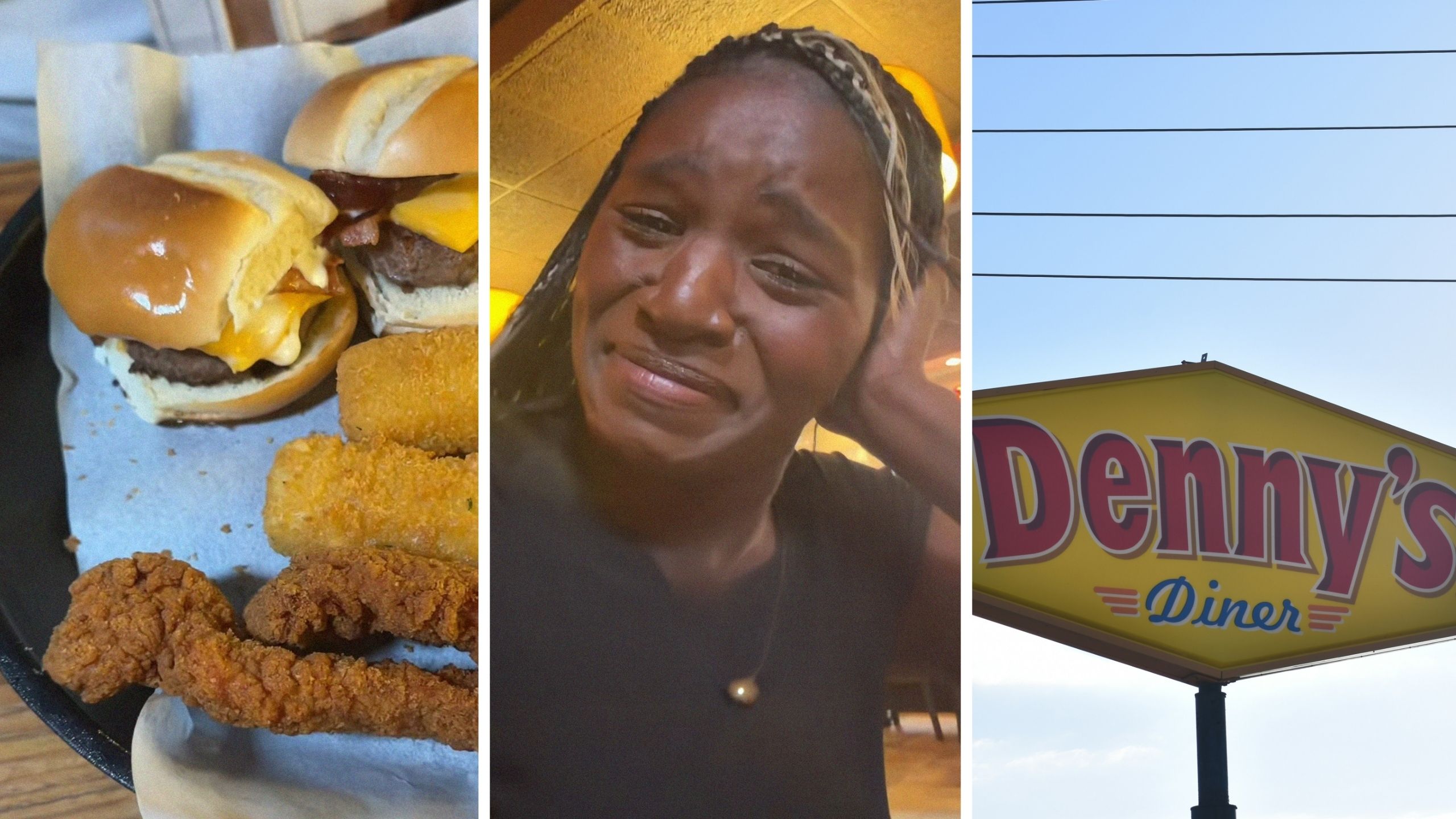 Denny's mixed plate (l) Woman shares denny's experience (c) Denny's entrance (r)