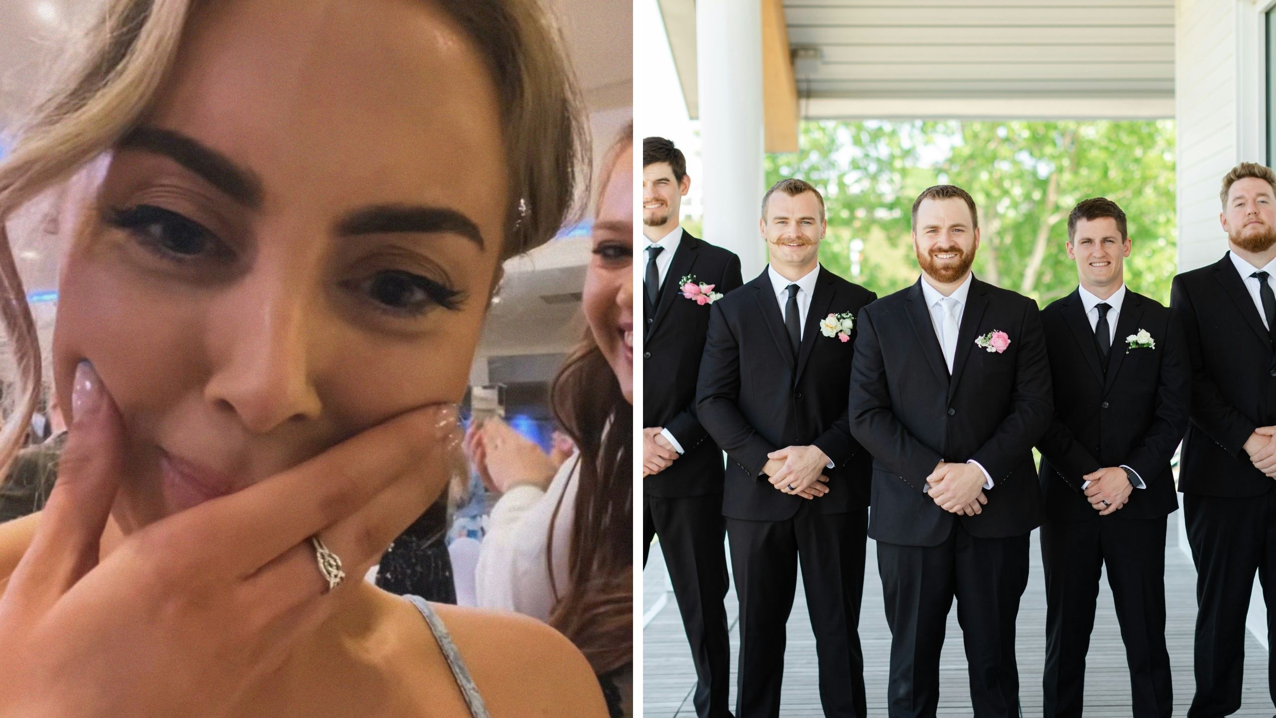 woman shares relationship experience (l) groomsmen with groom (r)