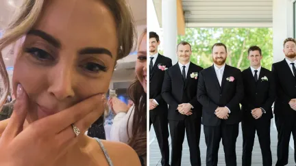woman shares relationship experience (l) groomsmen with groom (r)