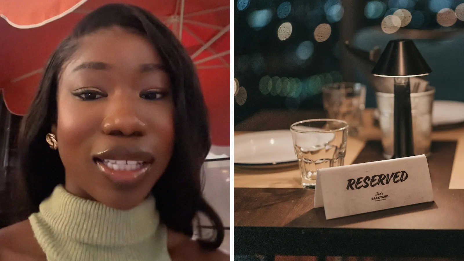 woman shares restaurant issue (l) dinner reservations (r)