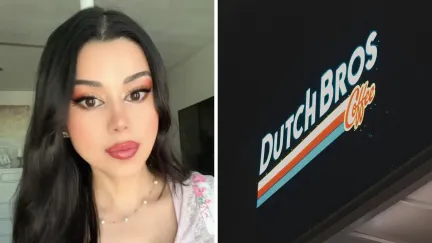 woman shares date story (l) Dutch Bros entrance (r)