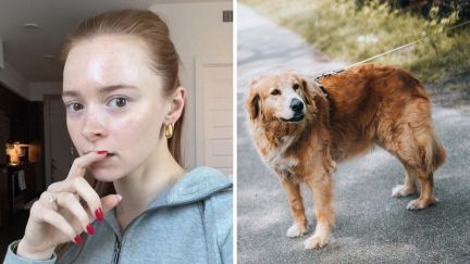 woman shares dog concern (l) golden retriever on a walk (r)