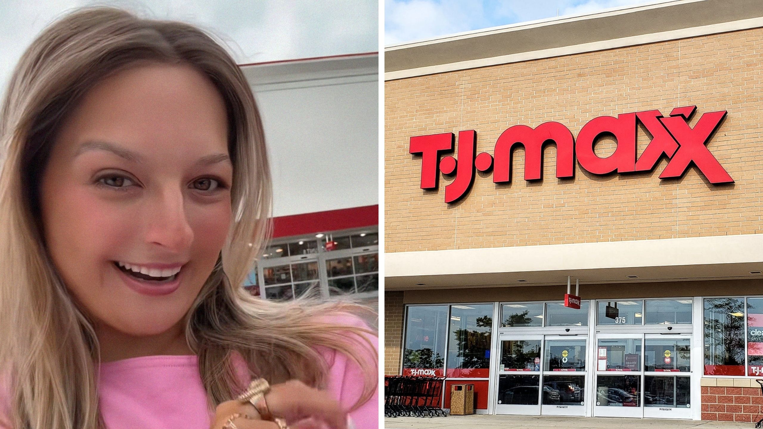 woman goes shopping (l) T.J. maxx storefront (r)
