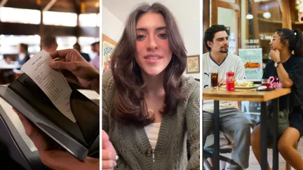 restaurant bill (l) woman shares date experience (c) woman goes on date with man (r)
