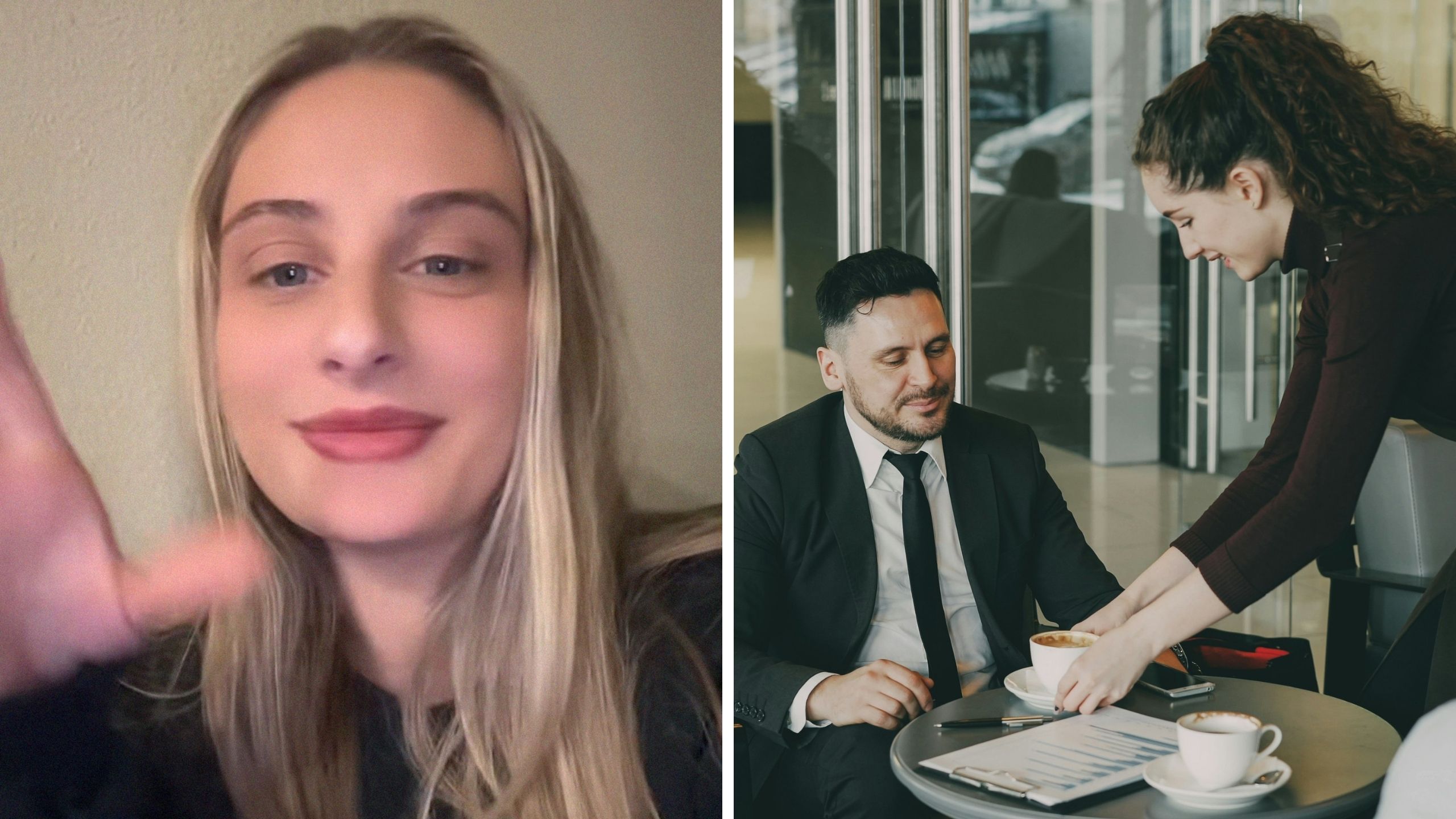 woman shares first date experience (l) server being flirty with man (r)