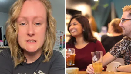 woman shares dating experience (l) man and woman out for drinks (r)