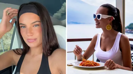 woman shares lunch experience (l) woman having lunch (r)