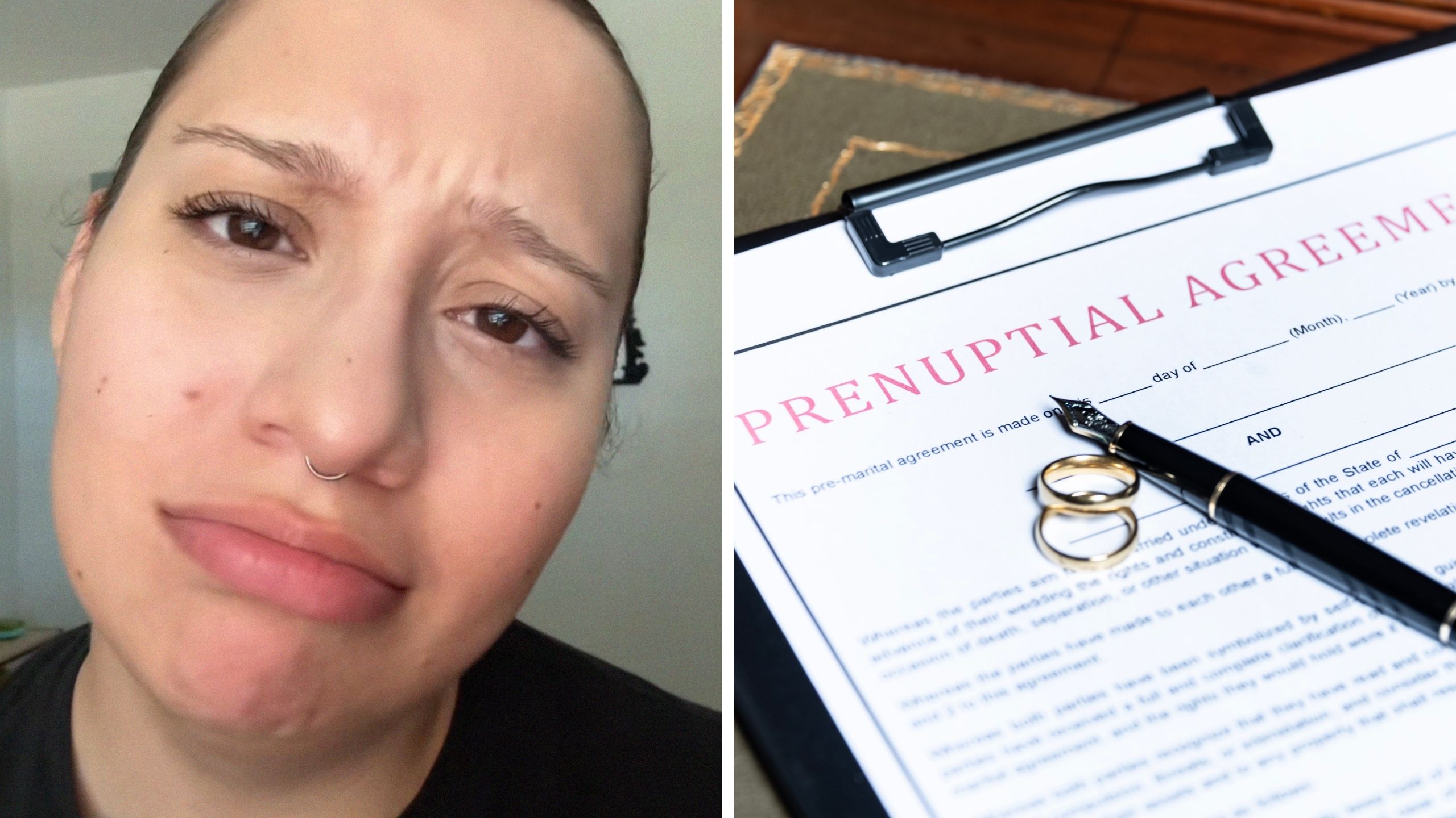 woman shares past relationship story (l) prenup agreement (r)