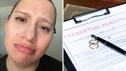 woman shares past relationship story (l) prenup agreement (r)