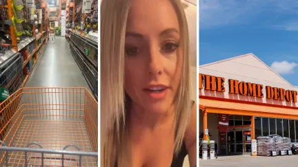 woman walking around with shopping cart (l) woman shares dating life experience (c) the home depot (r)