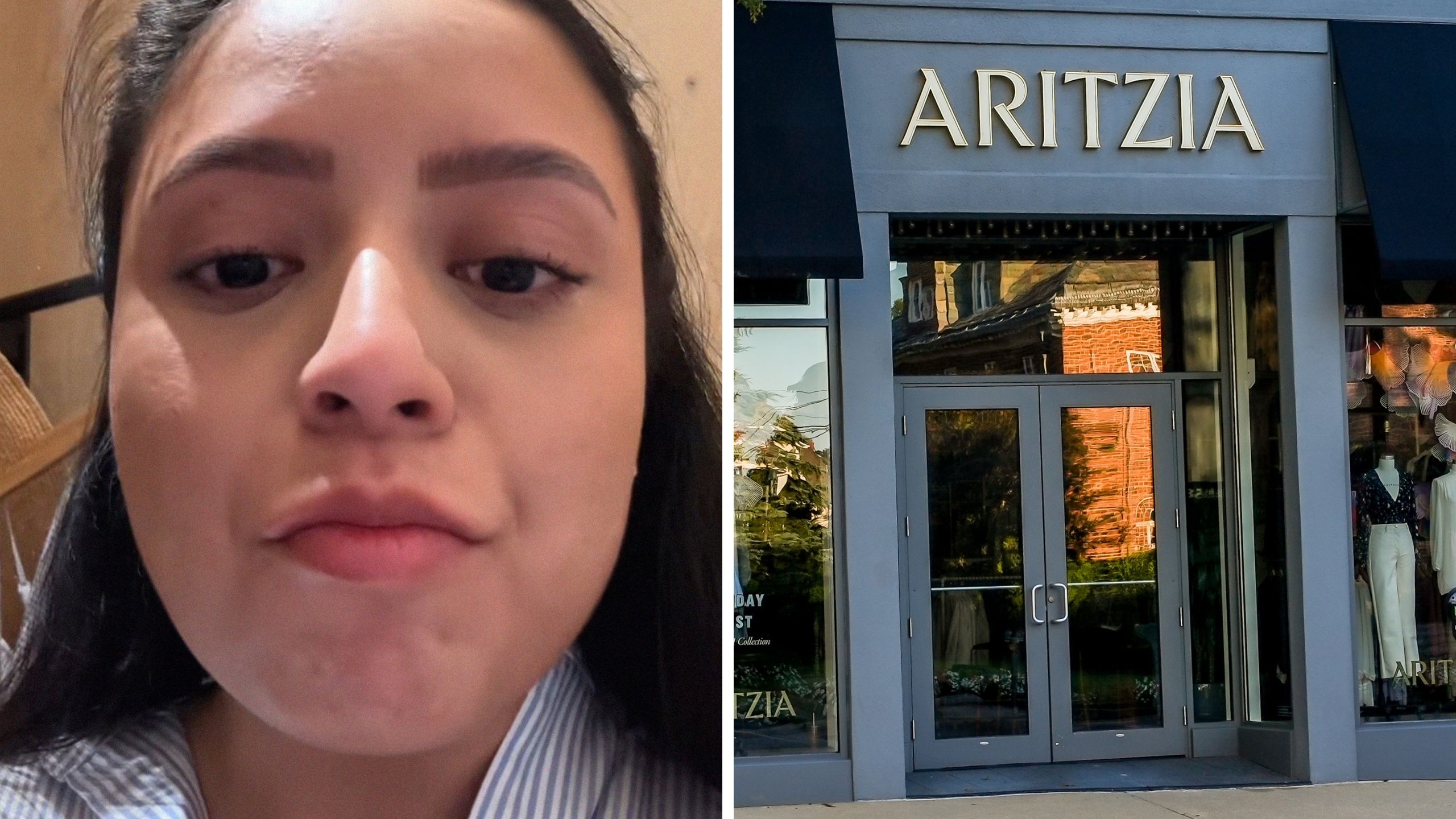 woman shares shopping experience (l) Aritzia storefront (r)