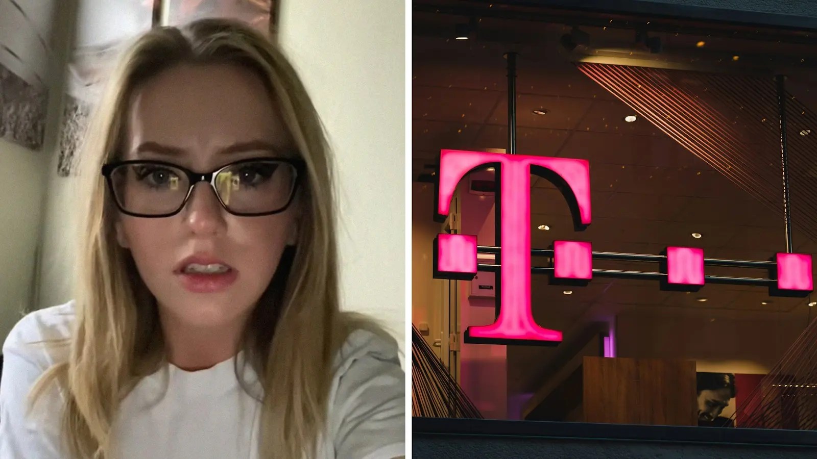 woman shares T-mobile issue (l) T-mobile storefront (r)