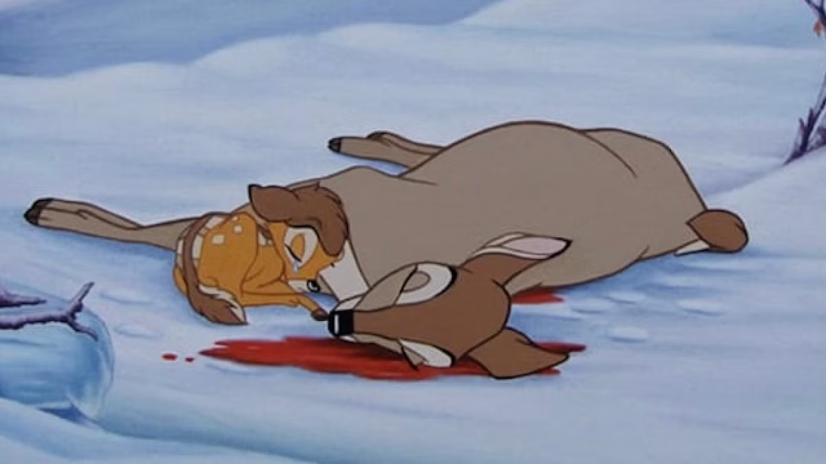 A baby deer sleeps next to his dead mother in Bambi