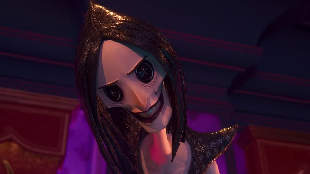A button-eyed monster woman leers in Coraline
