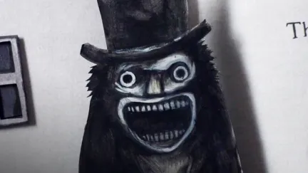 A creepy drawing of a topphat wearing ghost in The Babadook