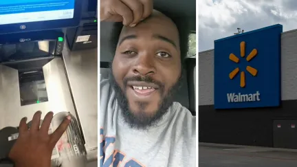 self-checkout scanner (l) man shares walmart hack (c) walmart storefront (r)