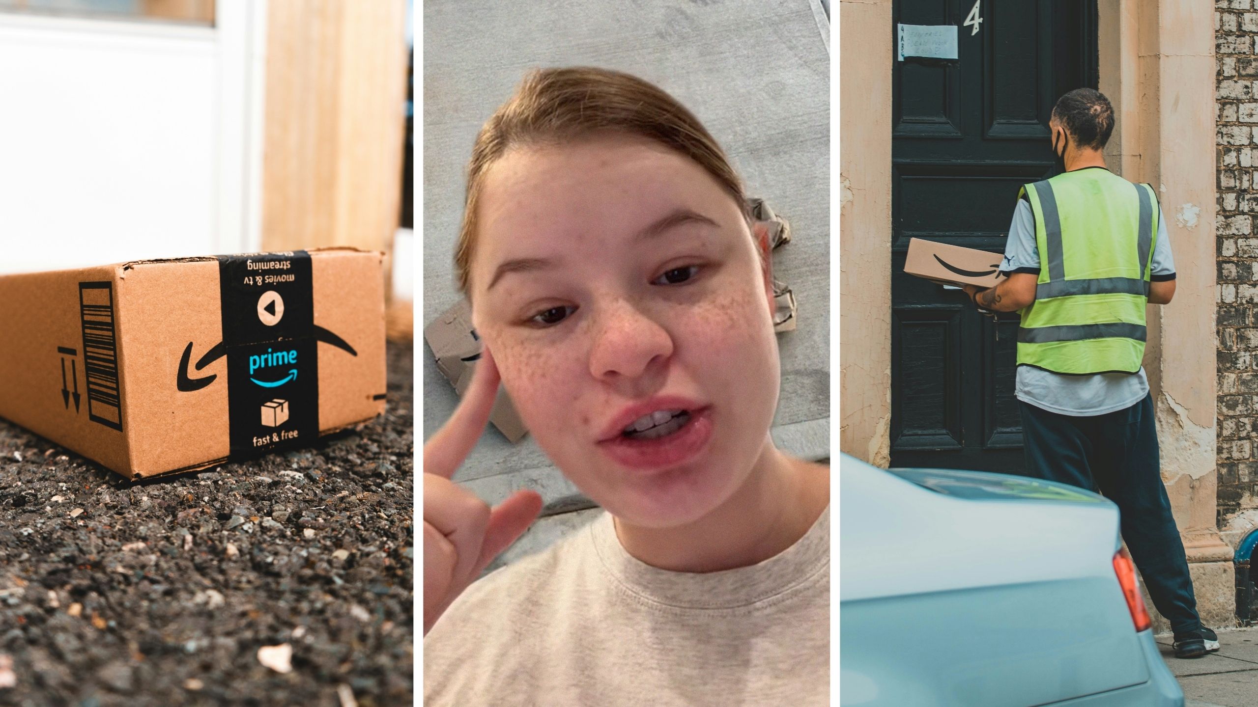 amazon package (l) woman shares Amazon issue (c) Amazon delivery guy (r)