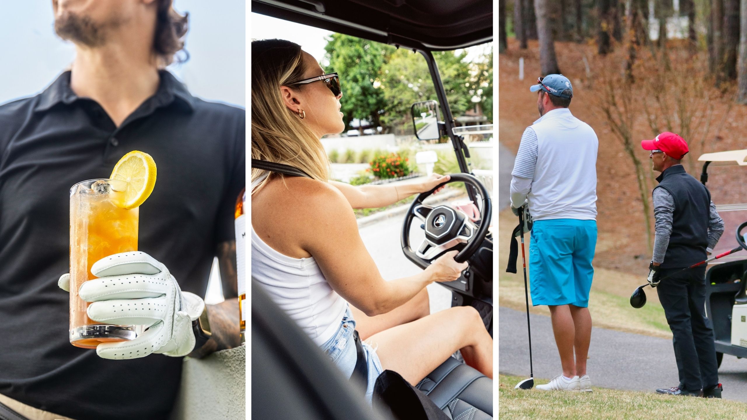 golfer with a drink (l) Beverage cart girl shares a day in the job (c) male golfers (r)