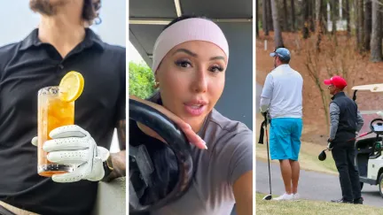 golfer with a drink (l) Beverage cart girl shares a day in the job (c) male golfers (r)