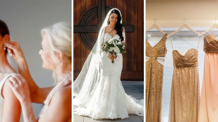 mother in law helping bride get ready (l) stunning bride (c) wedding Guest dresses (r)