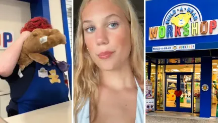 worker listens to sound in bear (l) woman shares build-a-baer experience (c) Build-a-bear workshop entrance (r)
