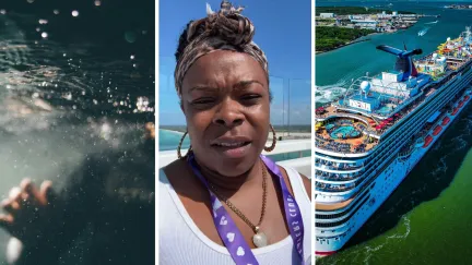 person drowning (l) woman shares sad carnival cruise experience (c) Carnival cruise (r)