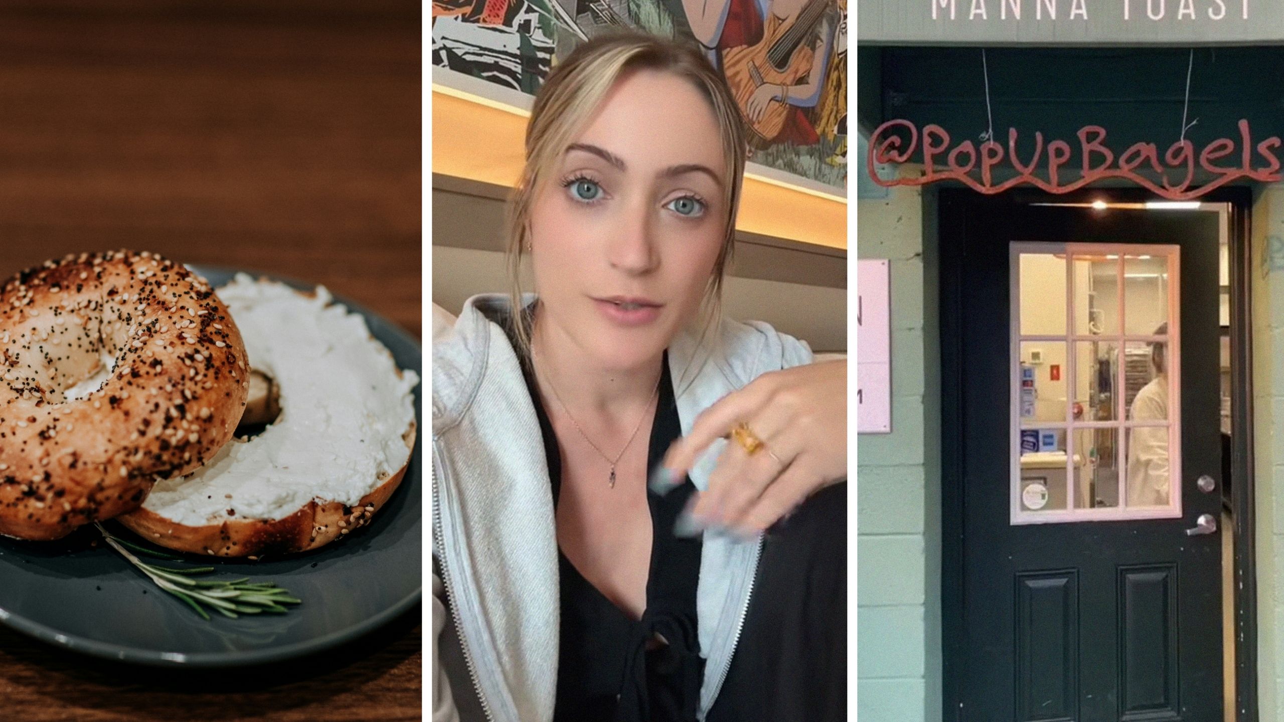 cream cheese bagels (l) woman shares bagel shop experience (c) PopUp bagels entrance (r)