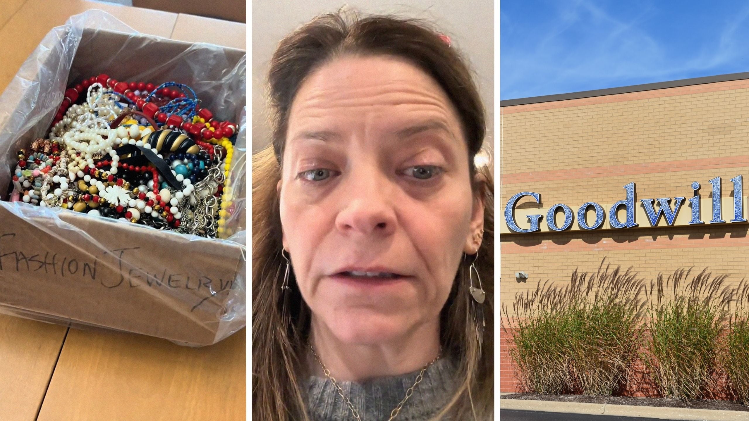 box full of jewelry (l) woman shares purchase encounter (c) Goodwill storefront (r)