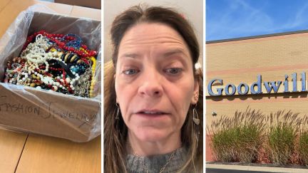 box full of jewelry (l) woman shares purchase encounter (c) Goodwill storefront (r)