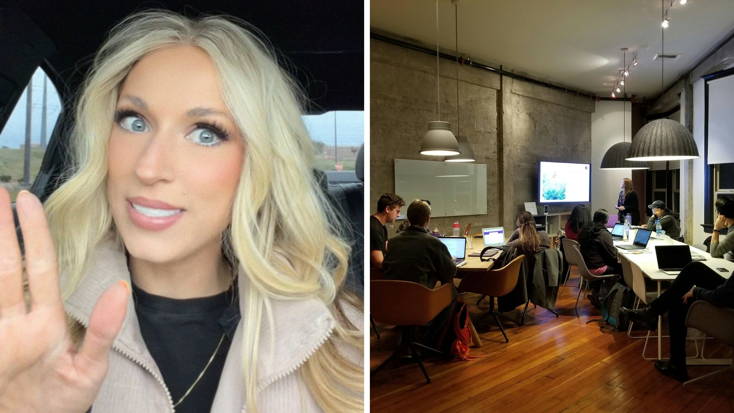 woman shares company retreat experience (l) company office retreat (r)