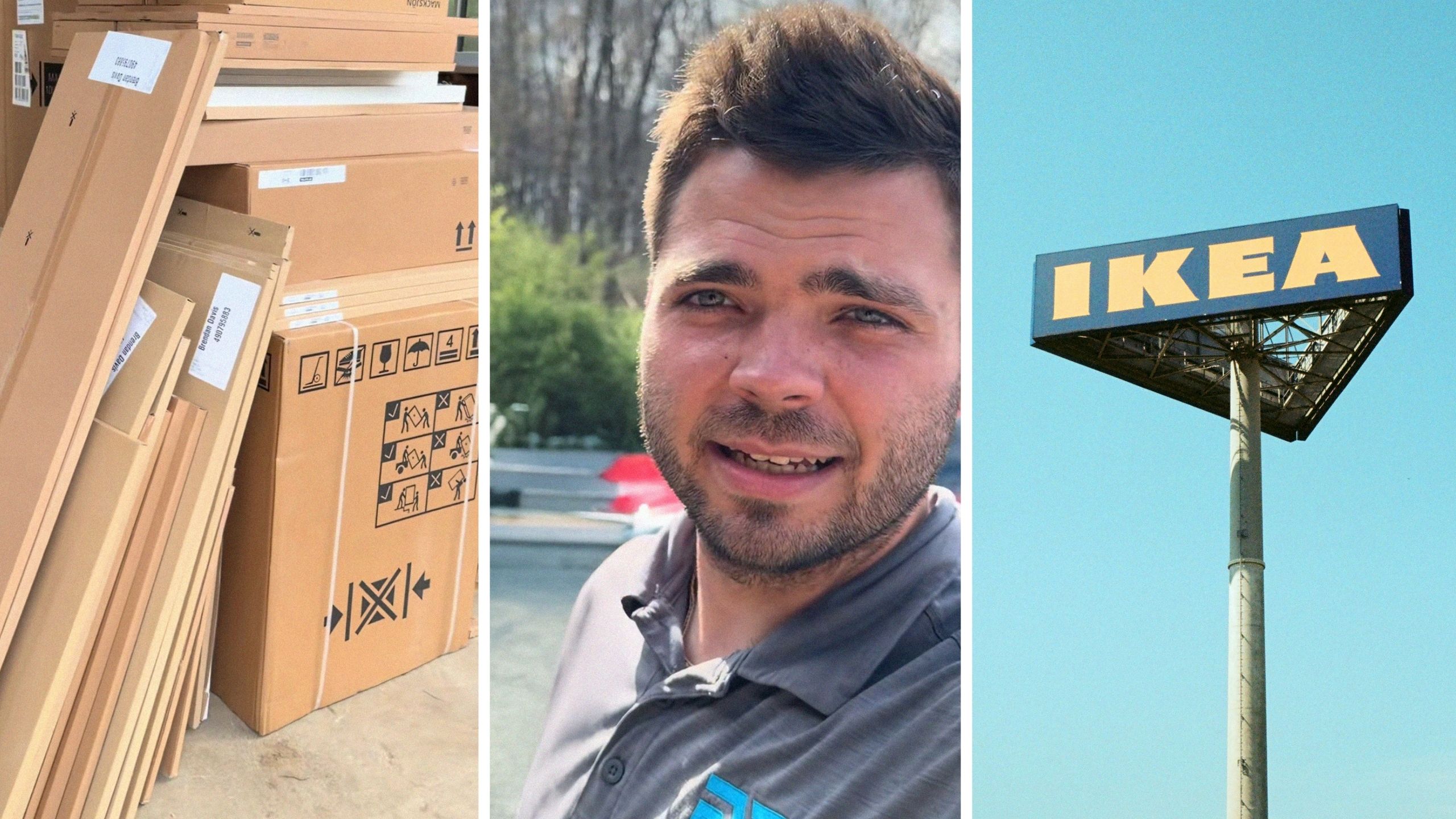 lots of boxes (l) man shares IKEA purchase (c) IKEA entrance (r)