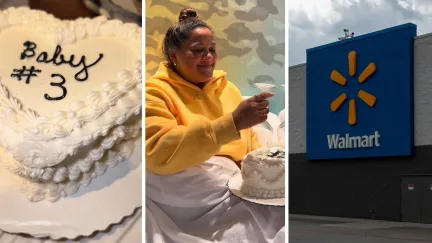 gender reveal cake (l) couple shares gender reveal (c) walmart storefront (r)