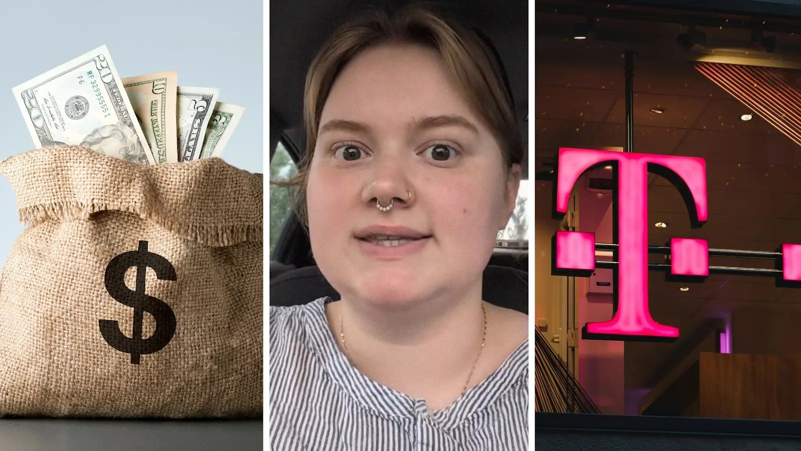 bag of money (l) woman shares t-mobile experience (c) t-mobile storefront (r)