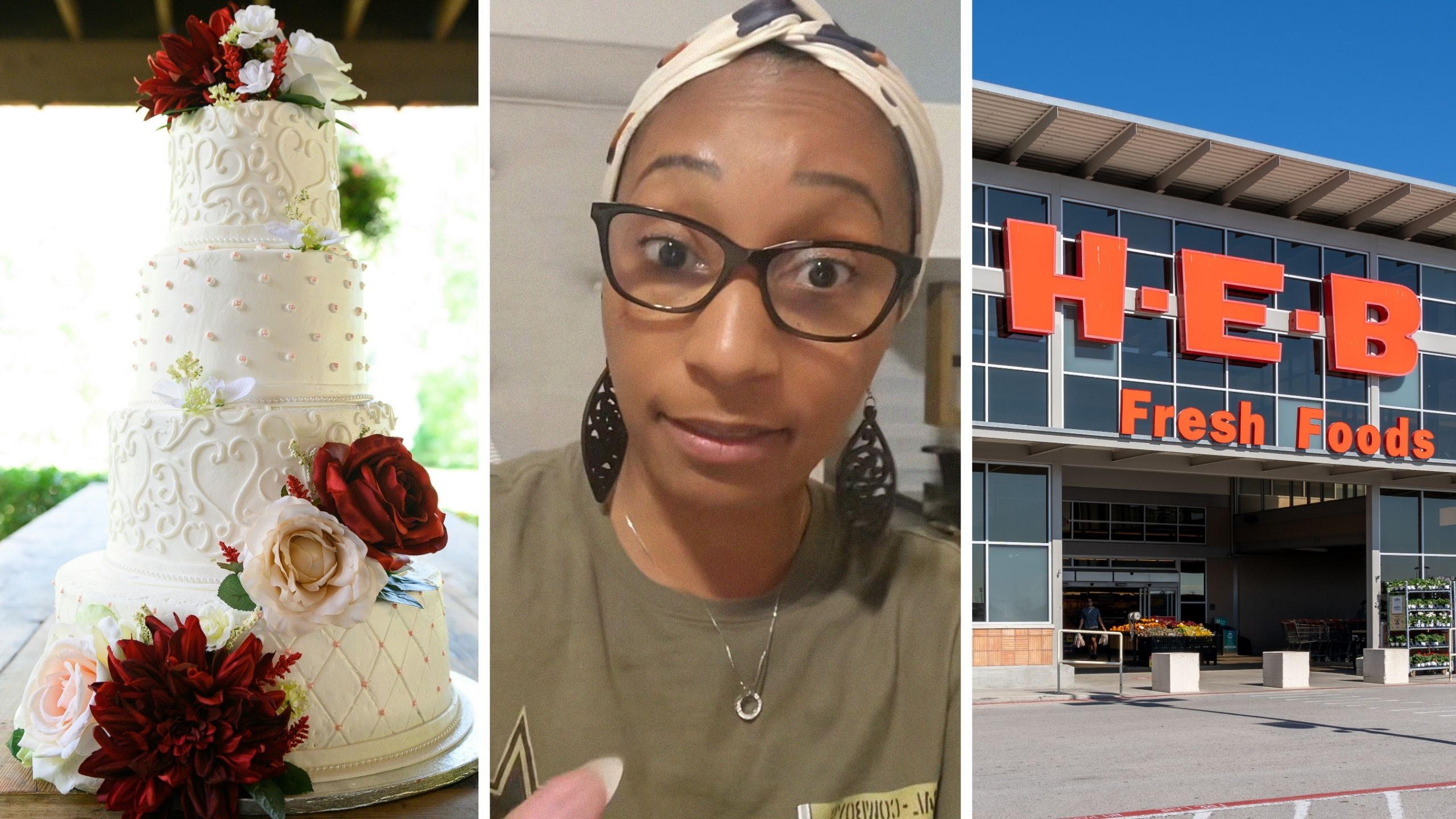wedding cake (l) woman shares wedding cake issue (c) H-E-B storefront (r)