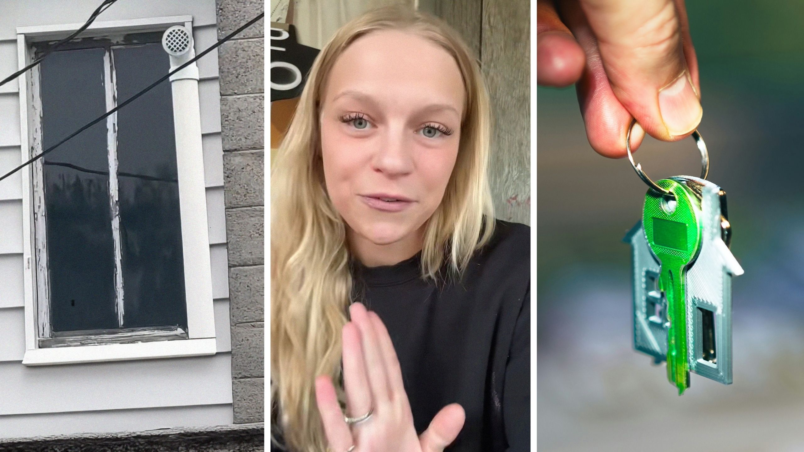 window to a secret room (l) woman shares new home encounter (c) keys to new home (r)