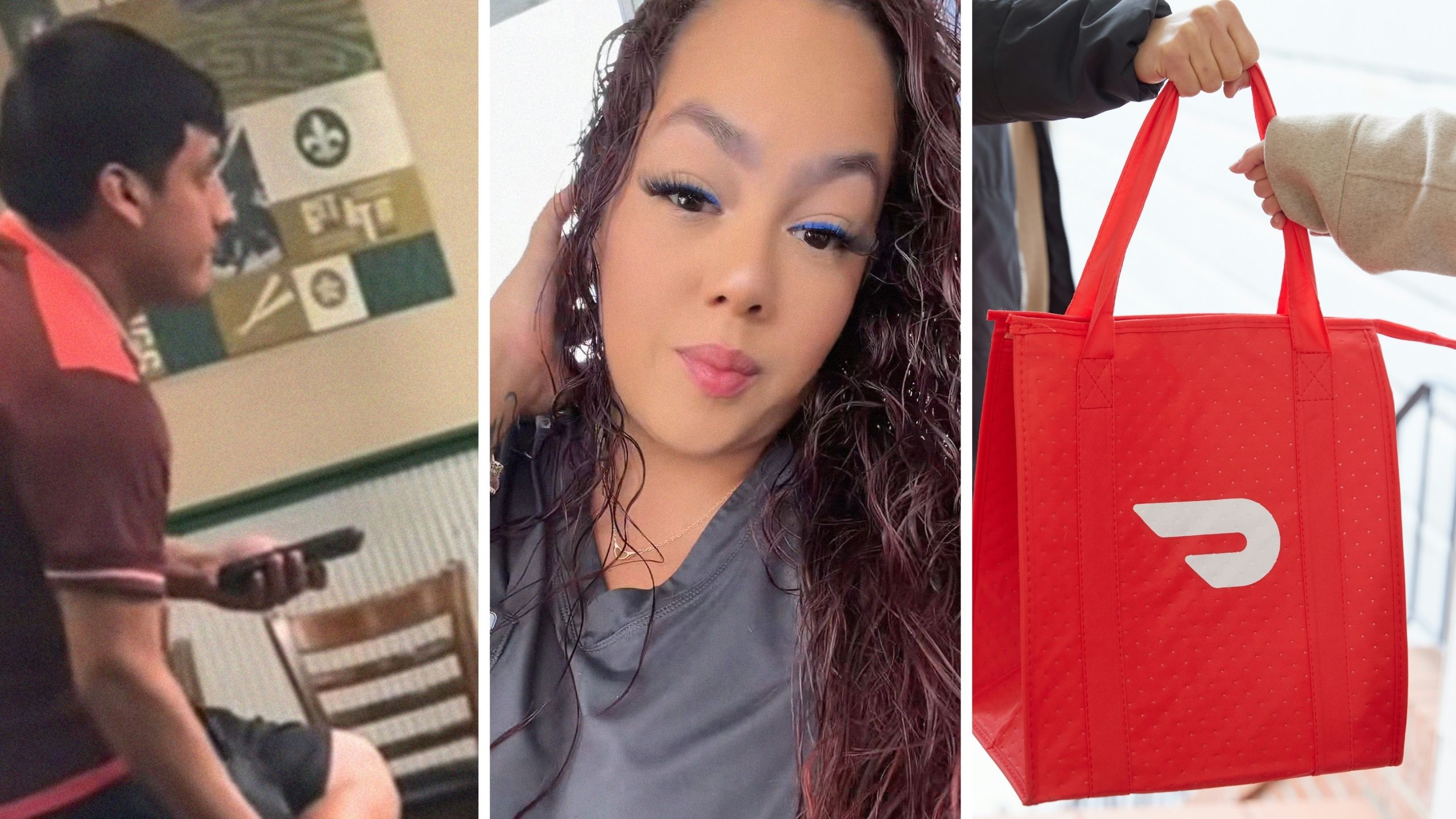 man waiting in line for food (l) woman shares restaurant encounter (c) Doordash delivery (r)