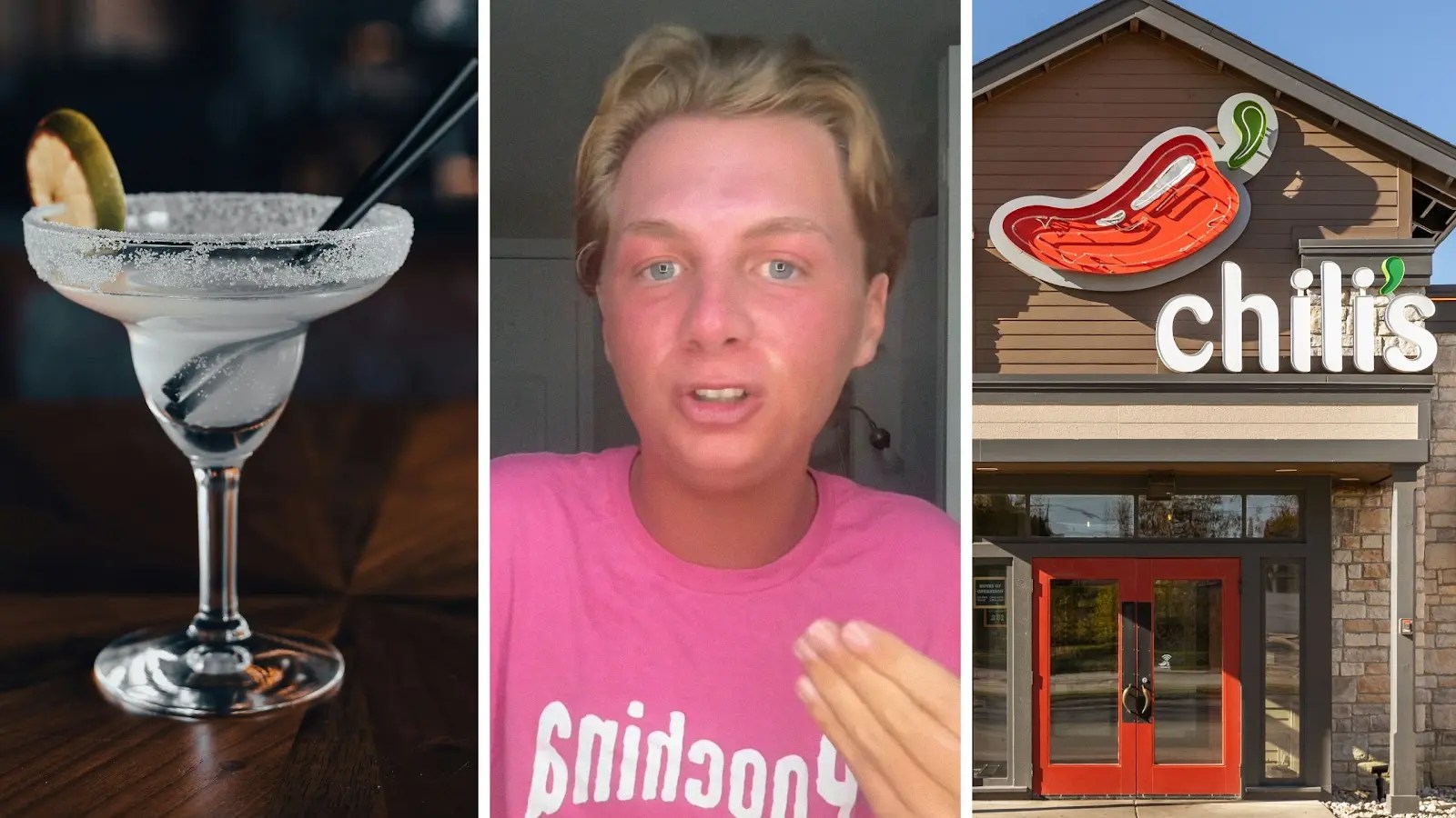 classic margarita (l) man shares chili's experience (c) Chili's entrance (r)
