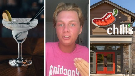 classic margarita (l) man shares chili's experience (c) Chili's entrance (r)