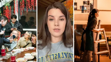 big group dining out (l) woman shares a day in the job as a waitress (c) waitress closing restaurant (r)