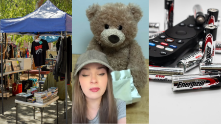 Grandmother buys a Gund Peek-A-Boo Teddy Bear for her granddaughter from a garage sale. It's talking, but it doesn't have any batteries.