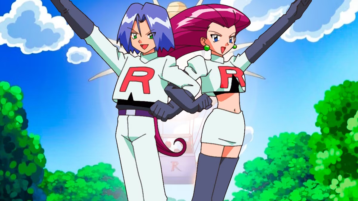 Jesse and James pose with their arms raised in Pokemon