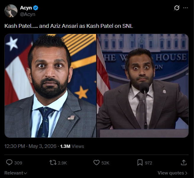 Kash Patel and Aziz Ansari side by side after SNL Cold Open