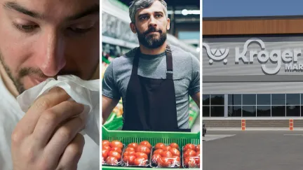 sick man (l) Kroger employee (c) Kroger storefront (r)