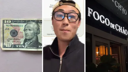 Ten dollar bill (l) man shares restaurant review (c) Fogo de Chão entrance (r)
