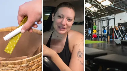 woman takes tampons (l) woman shares gym experience (c) large gym (r)