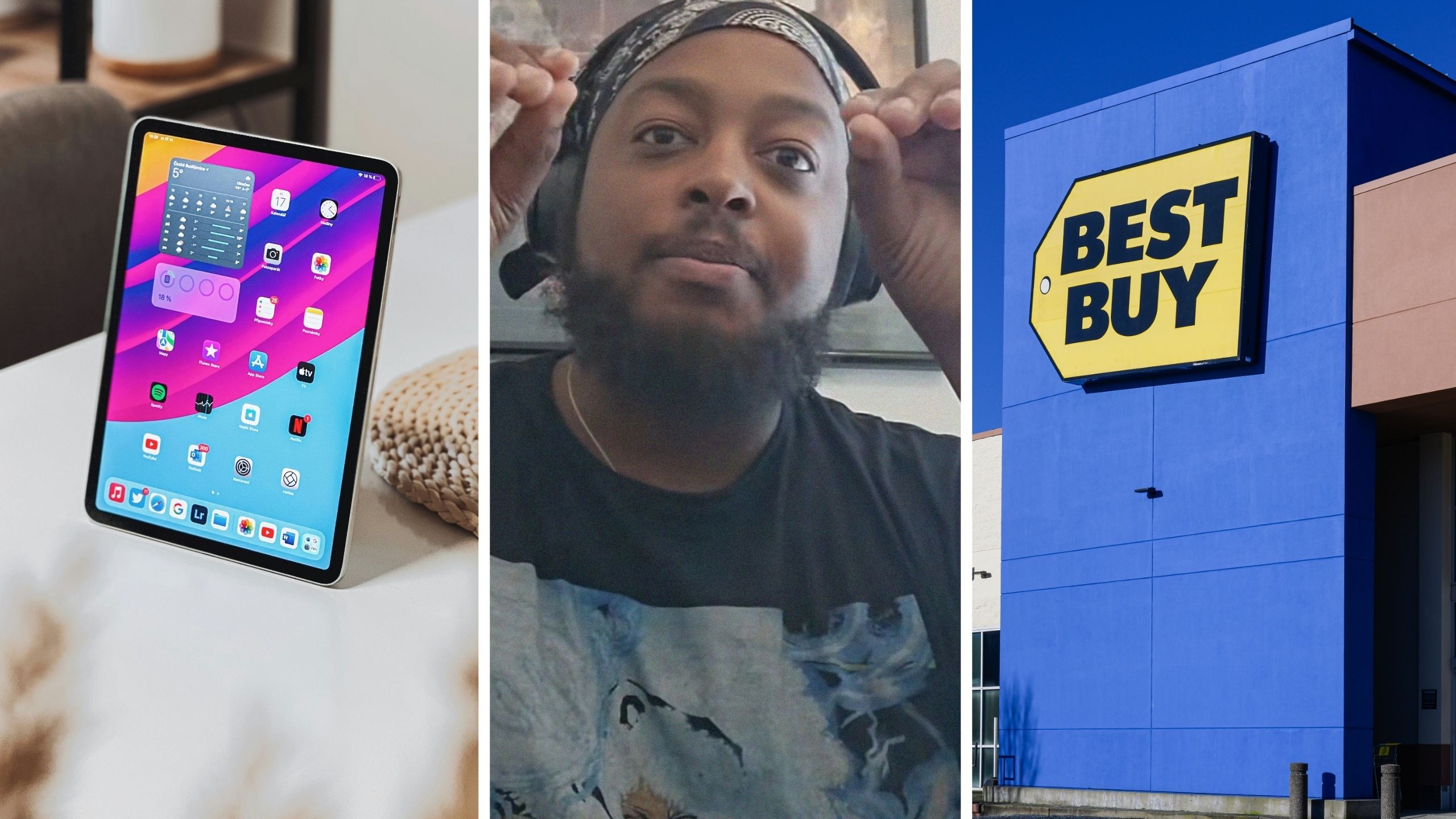 Ipad mini (l) man shares Best Buy issue (c) Best Buy storefront (r)